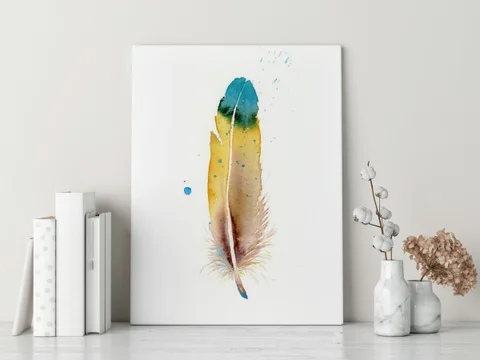 Image of a feather watercolor painting by Shayna Larsen, originals & prints available