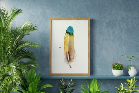 Image of a feather watercolor painting by Shayna Larsen, originals & prints available