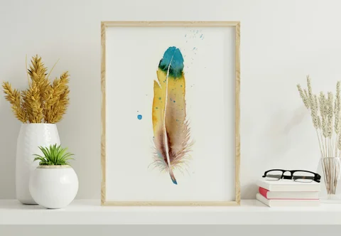 Image of a feather watercolor painting by Shayna Larsen, originals & prints available