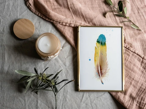 Image of a feather watercolor painting by Shayna Larsen, originals & prints available