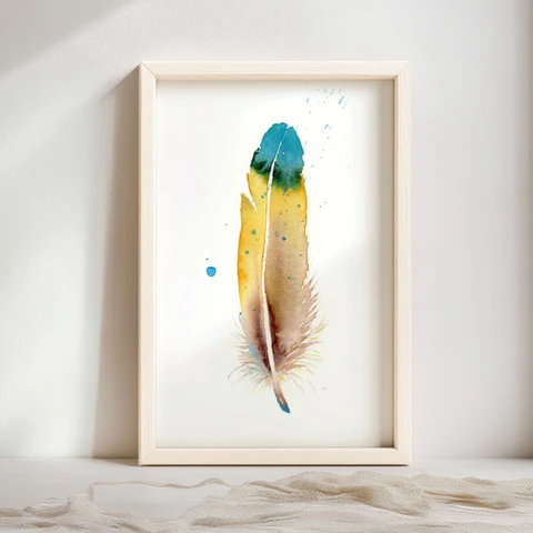 Image of a feather watercolor painting by Shayna Larsen, originals & prints available