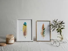 Image of a feather watercolor painting by Shayna Larsen, originals & prints available