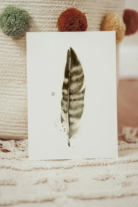 Image of a feather watercolor painting by Shayna Larsen, originals & prints available