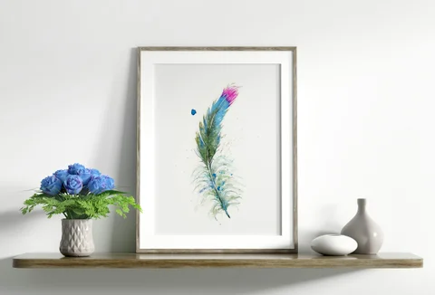 Image of a feather watercolor painting by Shayna Larsen, originals & prints available