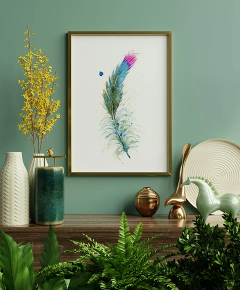 Image of a feather watercolor painting by Shayna Larsen, originals & prints available