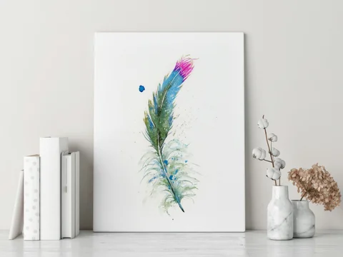 Image of a feather watercolor painting by Shayna Larsen, originals & prints available