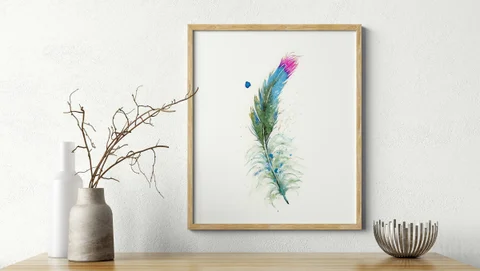 Image of a feather watercolor painting by Shayna Larsen, originals & prints available