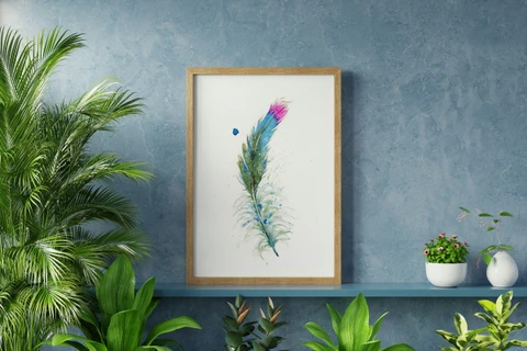 Image of a feather watercolor painting by Shayna Larsen, originals & prints available