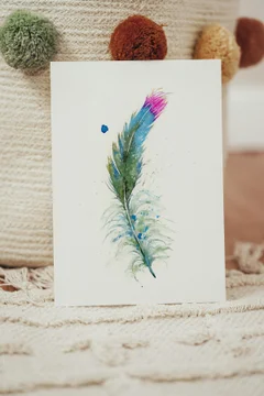 Image of a feather watercolor painting by Shayna Larsen, originals & prints available