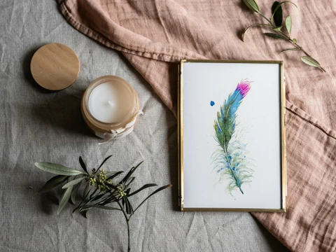 Image of a feather watercolor painting by Shayna Larsen, originals & prints available