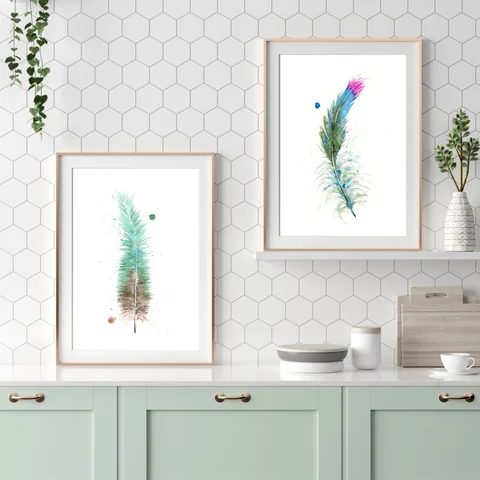 Image of a feather watercolor painting by Shayna Larsen, originals & prints available