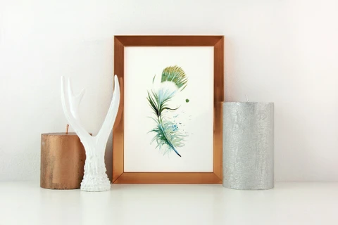 Image of a feather watercolor painting by Shayna Larsen, originals & prints available