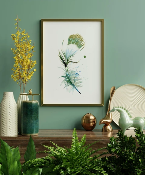Image of a feather watercolor painting by Shayna Larsen, originals & prints available