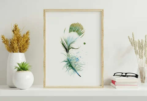 Image of a feather watercolor painting by Shayna Larsen, originals & prints available