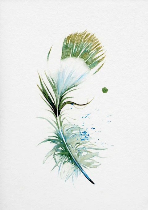 Image of a feather watercolor painting by Shayna Larsen, originals & prints available