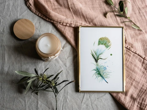 Image of a feather watercolor painting by Shayna Larsen, originals & prints available