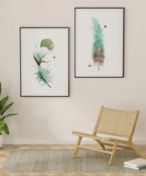 Image of a feather watercolor painting by Shayna Larsen, originals & prints available