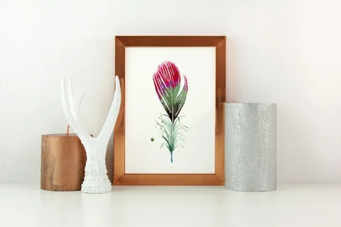 Image of a feather watercolor painting by Shayna Larsen, originals & prints available