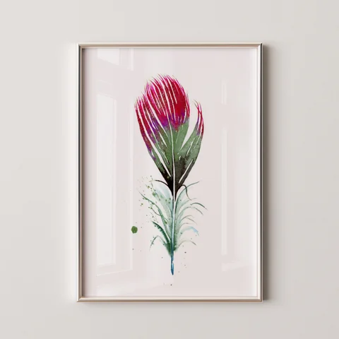 Image of a feather watercolor painting by Shayna Larsen, originals & prints available