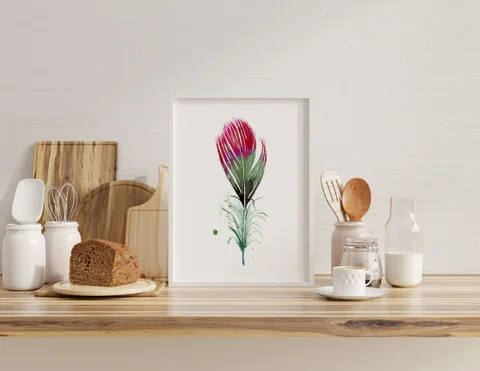 Image of a feather watercolor painting by Shayna Larsen, originals & prints available