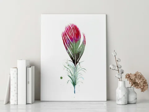 Image of a feather watercolor painting by Shayna Larsen, originals & prints available