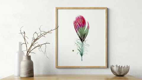 Image of a feather watercolor painting by Shayna Larsen, originals & prints available