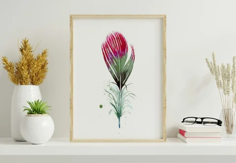Image of a feather watercolor painting by Shayna Larsen, originals & prints available