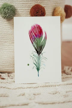 Image of a feather watercolor painting by Shayna Larsen, originals & prints available