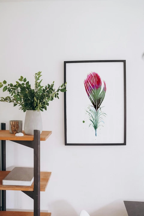 Image of a feather watercolor painting by Shayna Larsen, originals & prints available