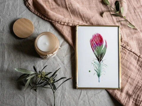 Image of a feather watercolor painting by Shayna Larsen, originals & prints available