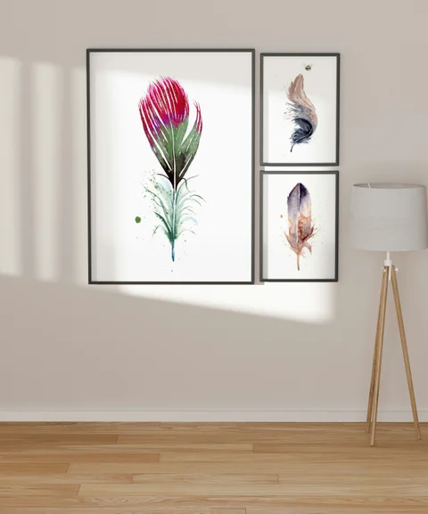 Image of a feather watercolor painting by Shayna Larsen, originals & prints available