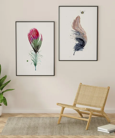 Image of a feather watercolor painting by Shayna Larsen, originals & prints available