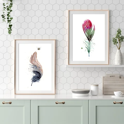 Image of a feather watercolor painting by Shayna Larsen, originals & prints available