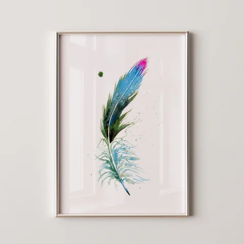 Image of a feather watercolor painting by Shayna Larsen, originals & prints available