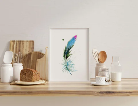 Image of a feather watercolor painting by Shayna Larsen, originals & prints available