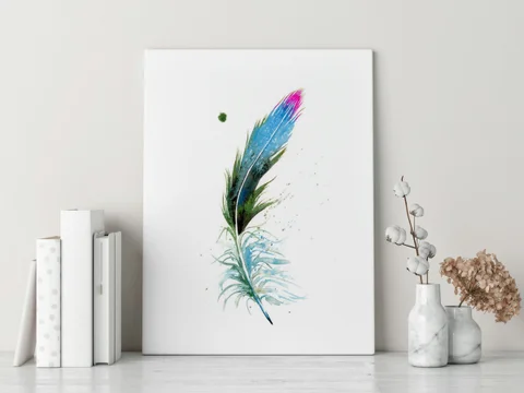 Image of a feather watercolor painting by Shayna Larsen, originals & prints available