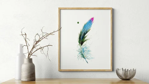 Image of a feather watercolor painting by Shayna Larsen, originals & prints available