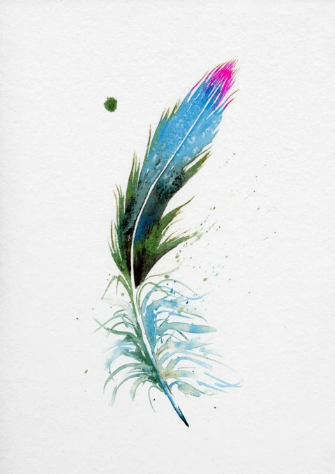 Image of a feather watercolor painting by Shayna Larsen, originals & prints available