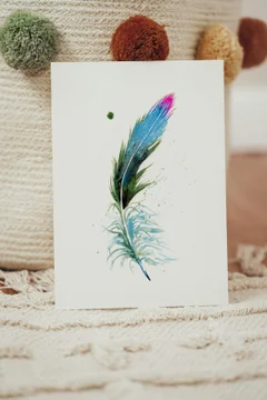 Image of a feather watercolor painting by Shayna Larsen, originals & prints available