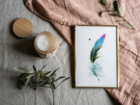 Image of a feather watercolor painting by Shayna Larsen, originals & prints available