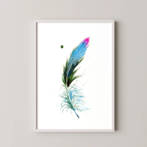 Image of a feather watercolor painting by Shayna Larsen, originals & prints available