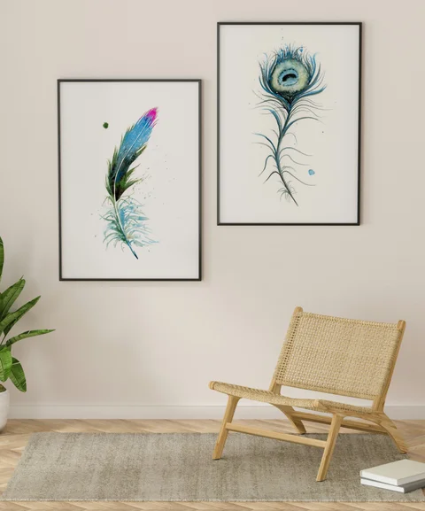 Image of a feather watercolor painting by Shayna Larsen, originals & prints available