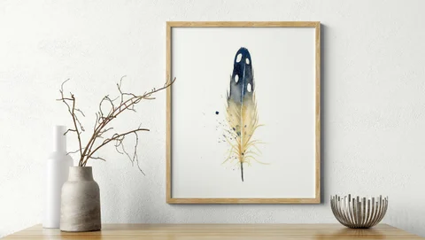 Image of a feather watercolor painting by Shayna Larsen, originals & prints available