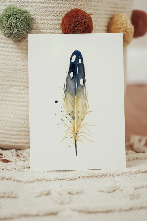 Image of a feather watercolor painting by Shayna Larsen, originals & prints available