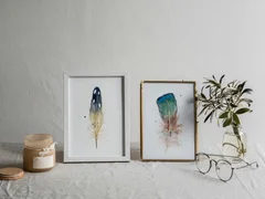 Image of a feather watercolor painting by Shayna Larsen, originals & prints available
