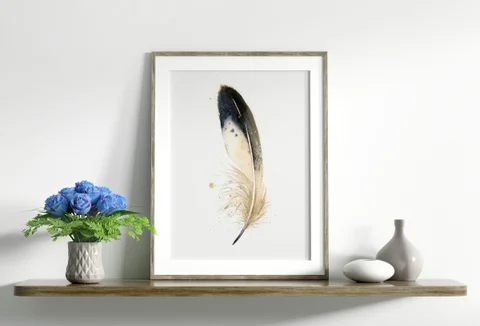 Image of a feather watercolor painting by Shayna Larsen, originals & prints available