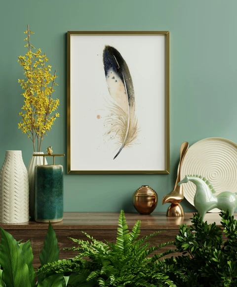 Image of a feather watercolor painting by Shayna Larsen, originals & prints available