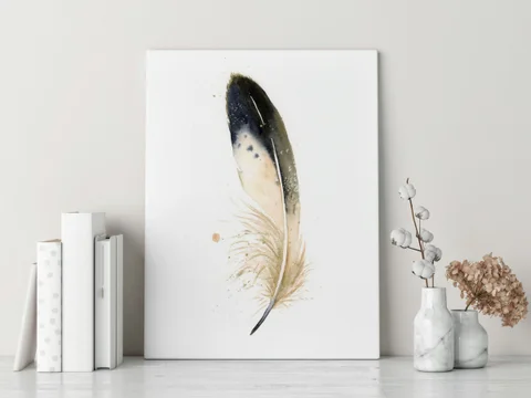 Image of a feather watercolor painting by Shayna Larsen, originals & prints available