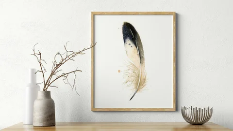 Image of a feather watercolor painting by Shayna Larsen, originals & prints available