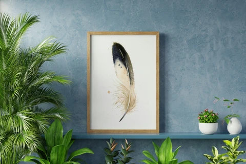 Image of a feather watercolor painting by Shayna Larsen, originals & prints available
